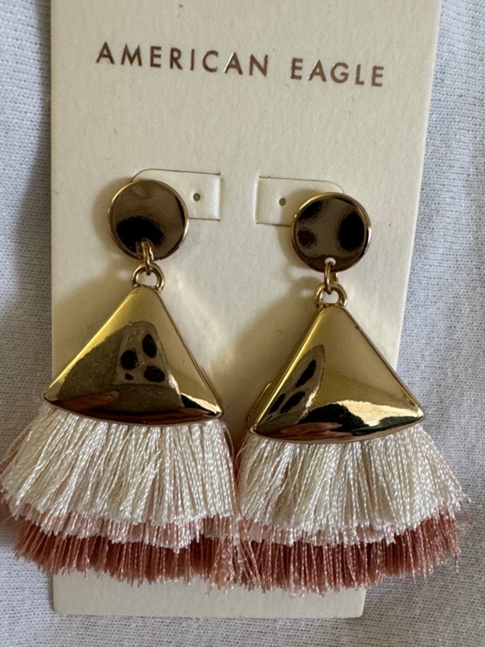American Eagle Outfitters Gold Metal and Cream/Tan Tassel Earrings - Picture 2 of 3